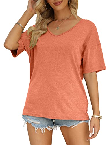 Mirol Women's Half Sleeve T Shirts Fashion V Neck Oversized Loose Tops Solid Casual Basic Blouses Orange #TOP2