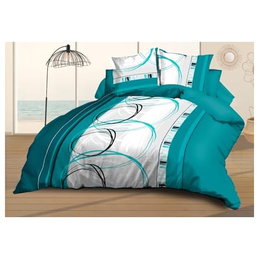 Housse de Couette 240x260 + 2 taies - Microfibre Douce et résistante - Entretien Facile - Roue-Libre Turquoise
