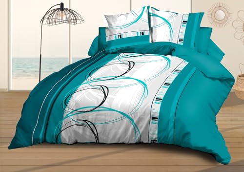 Housse de Couette 240x260 + 2 taies - Microfibre Douce et résistante - Entretien Facile - Roue-Libre Turquoise
