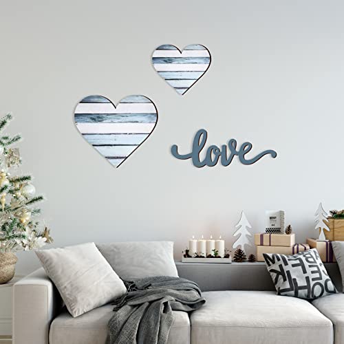 Chitidr 3 Pieces Heart Shaped Wood Sign Heart-Shaped Wooden Wall Sign Wood Heart Wall Decor Rustic Hanging Sign Wooden Heart Plaque For Home Farmhouse Living Room Bedroom (Blue) #TOP3