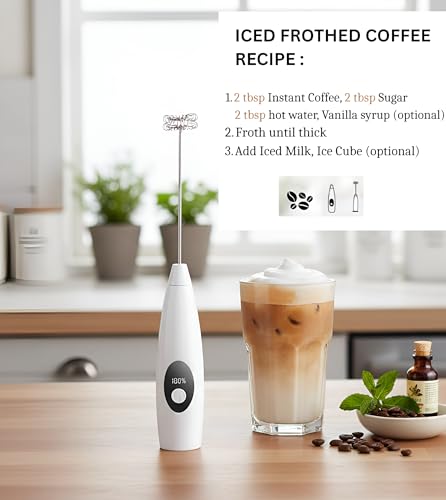 Image of Rechargeable Milk Frother Handheld, Hand Mixer Wand with 3-Speed, Digital Display Drink Mixer Wand, Coffee Frother Handheld for Cappuccino Latte, Portable Hand Mixer