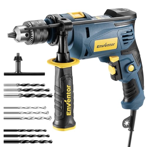 Enventor Perceuse à Percussion Filaire 750W, Perceuse électrique avec 9 Forets, Fonction 2 en 1, variateur de vitesse électronique, poignée pivotante à 360°, pour Béton, Métal et Bois