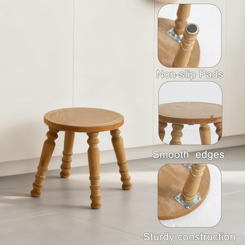 Image of 100% Solid Wooden Step Stool, Small Wooden Stool for Adults, Wood Plant Stools, Small Round Stool for Bathroom, Kitchen, Bedroom, Plant Stand