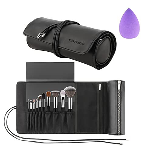 Makeup Brush Organizer Portable Makeup Brush Travel Case Bag Can Hold 20+ Brushes PU Makeup Brush Roll Up Pouch Holder for Woman With Bonus Brush Cleaning Mat and Makeup Sponge(Not Brushes)