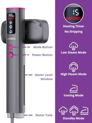 GROBELL Travel Garment Steamer for Clothes: 100V-220V Dual Voltage Hand Portable Hand Held 2 In 1, 20s Smart Fast Heat Up Handheld Clothing Steamer, 4 Modes with LED Display, Global Travel Size — view 2