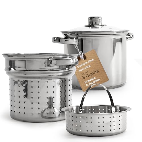 Culinary Edge Stainless Steel 8-Quart Nonstick 4-Piece Multi-Cooker with Steamer and Pasta Pot Cookware Set