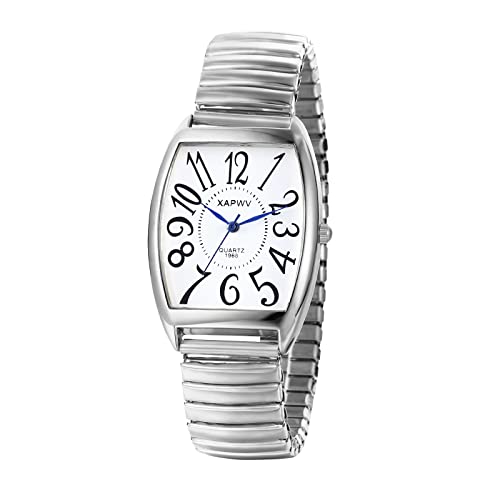 Avaner Montre Homme à Bracelet élastique: Montre Bracelet Réglable pour Homme et Couple Montre étanche Analogique à Quartz Chiffres Arabes Bracelet Rigide en Acier Fin Argent