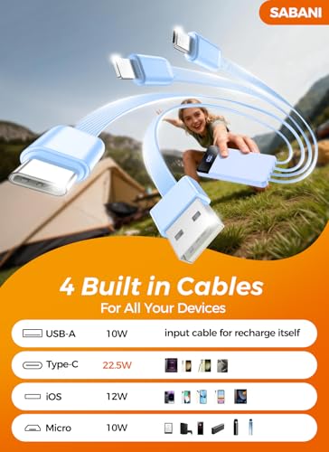 Image of Portable Charger 35000mAh Power Bank - Powerbank with 4 Built in Cables, 22.5W Fast Charging Travel Camping Essential Battery Pack Compatible with iPhone 17 16 15 14 13 Samsung Google, 1 Pack, Azure