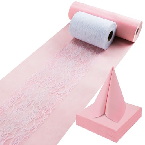 ddckj Vlies Tischläufer Blush Rosé 30 cm x 35 m Tischläufer Rosa Weiße Dekorative Spitzenbänder und Servietten Tischdeko Set für Taufe Kommunion Konfirmation Hochzeit und Geburtstag