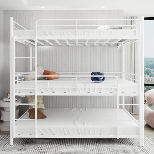 Ligterra Litera triple 92x192cm x3, con barandillas continuas, marco triple resistente, cuna para niños, escalera incorporada, para dormitorio/sala de dormir, no necesita resortes (blanco)