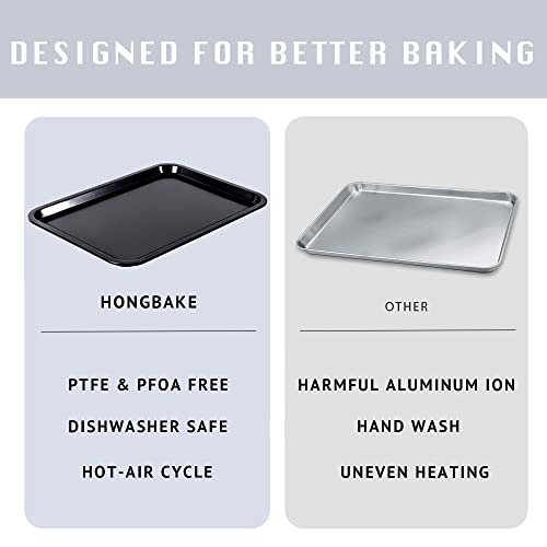 HONGBAKE 2 Pack Quarter Sheet Pan for Baking - Nonstick 13.8 x 9.8 Small Cookie Sheet with Wider Grips, 27% Thicker Carbon Steel Commercial Oven Tray - Black