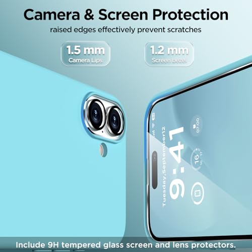 Image of Magnetic for iPhone 16 Case, Compatible with Magsafe, Suction Cup Phone Mount, [2 Screen Protectors][Camera Lens Protector] Silicone Shockproof Protective Slim Phone Cover 6.1 inch, Sea Blue