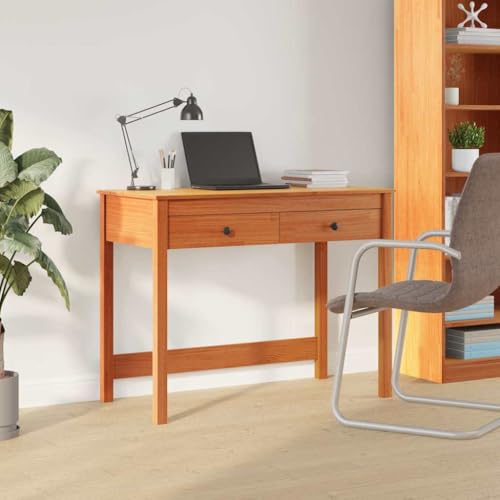 faucqel Escritorio Max Braun de pino macizo de 100 x 50 x 78 cm con cajón y 2 estantes, moderna mesa de oficina para casa, oficina y lugar de trabajo