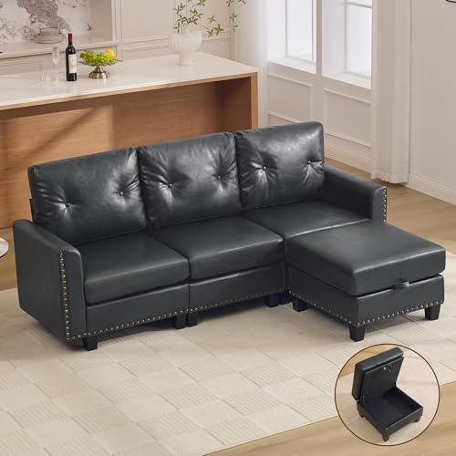 Image of 71 inch Faux Leather Modular Sectional 3 Seater Couch with Storage Ottoman, Vintage PU Leather L Shaped Sofa with Nailhead Trim, Mid Century Modern Tufted Couches for Living Room, Bedroom, Office, Black