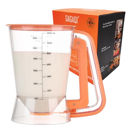 GAGAQI Pancake Batter Dispenser 5 Cup with Sturdy Handle Batter Separator for Pancakes Cupcake Waffle Muffin Mix Cake & Crepe Batter pitcher with Squeeze Handle Baking Tools-Orange