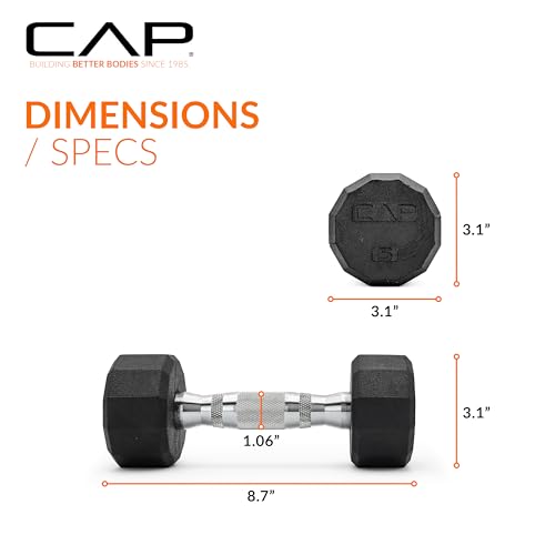 Image of CAP Rubber Coated Dumbbell Weights, Free Weights for Home Gym Strength Training, Anti-Roll Hex Dumbbells with Black, Chrome & Comfort Grip Handles, Singles