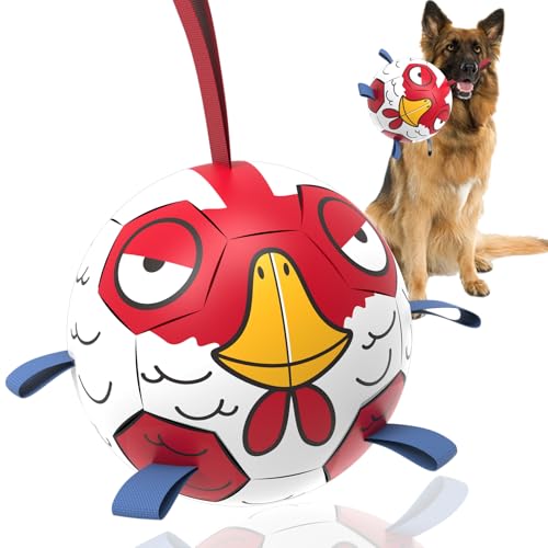 QDAN Chicken Dog Toys Soccer Ball with Straps, Interactive Dog Toys for Tug of War, Puppy Birthday Gifts, Tug Toy, Dogs Water Toy, Durable Dogs Balls for Dog（8 Inch） A-Red Chicken Large Size