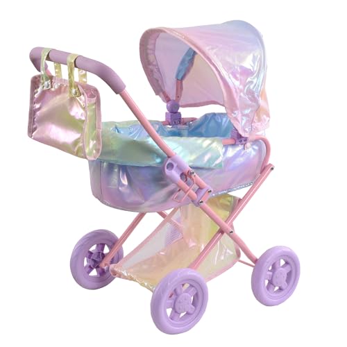 Olivia's Little World Baby Doll Stroller, 2-in-1 Doll Pram Buggy for Girls Age 3+, Fits up to 18” Dolls, Baby Stroller for Dolls, Stroller Toy for Kids, Iridescent