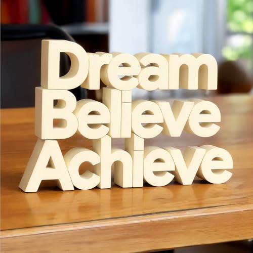 Image of Mad Masters Dream Believe Achieve Motivational Desk Decor - Aesthetic Table, Shelf & Wall Showpiece for Home Office, Business. Vastu Friendly Gifting, Soft Ivory (8x5.5x1 Inch)