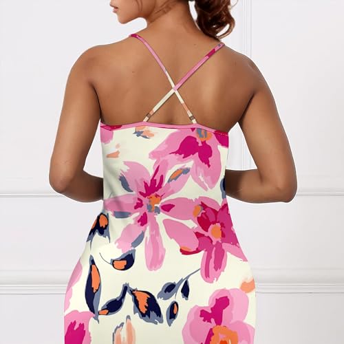 Image of Women Floral Sundress Summer Casual Spaghetti Strap V Neck Long Maxi Dress Sexy Boho Beach Dresses with Pockets Floral-3 XXL