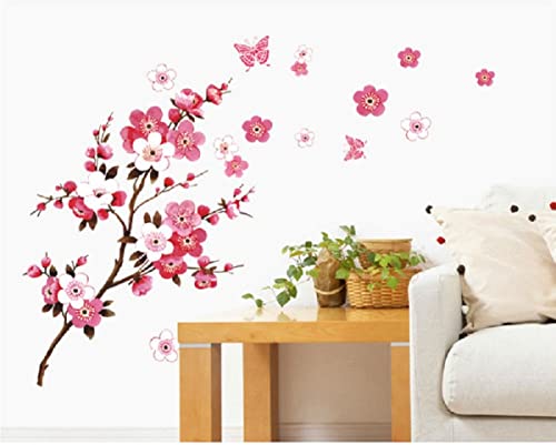 Sworna Nature Series Branch Pink Flowers & Butterfly Removable Vinyl Mural Wall Art Decor Home Stickers Decals Bedroom/Hallway/Sitting/Living Room/Kids Nursery (29.5’’H X 65’’W, Brown & Pink,X-L) #TOP1