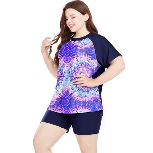 Davena Women's Plus Size 2 Piece Rash Guard Short Sleeve Swimsuit with Boyshorts Swim Shirt UPF 50+4