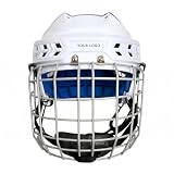YWMJZEU Eishockeyhelm mit Gitter weiße Hartschale Hockeyhelm mit Metallgitter Schwarze Kinnriemen Hockeyhelm Gesichtsgitter für Sport, S码53.5 57cm