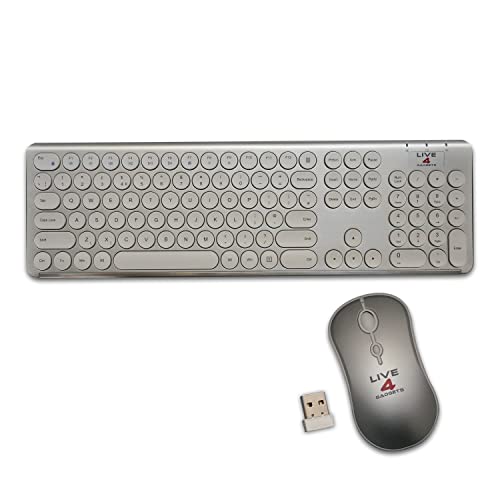 Live4Gadgets Rechargeable Wireless Keyboard and Mouse Combo, Ultra Slim Full Size 2.4G Ergonomic Wireless Keyboard & Quiet Mouse Set with Round Keys for Windows System (Silver)