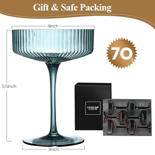 Art Deco Colored Ribbed Crystal Coupe Glasses - Handmade Martini, Cocktail & Champagne, 7Oz