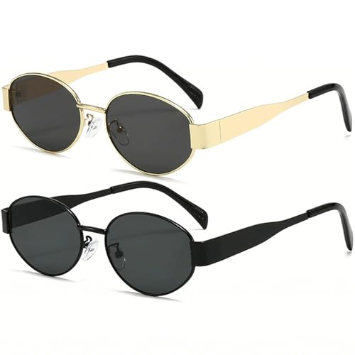AIEYEZO Polarized Sunglasses for Women Men Retro Oval Sun Glasses Fashion Oval Metal Frames UV400 Protection Lens (Gold/Grey + Black/Grey)
