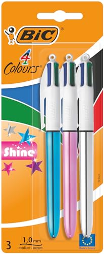 Bic 4 Colori Penne A Sfera, Shine, Ottime Per La Scuola, Fusti Metallizzati, Multicolore, 3 Unità, Confezione Da 1