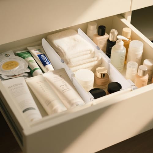 COKIHOM 6 Stück 10cm Hohe Schubladenteiler, 28-43cm Schubladentrenner Verstellbar, Warmweiße Schubladen Trenner, Schubladentrenner für Babykleidung, Kleidung, Kosmetik, Küche und Büroaufbewahrung