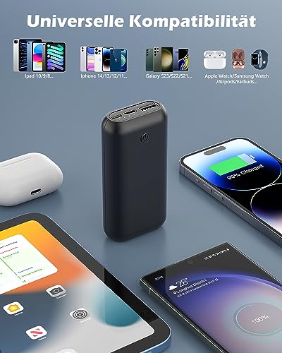 Heganus Powerbank 10000mAh, Mini Kompakte Externer Akku, Kleine und Leichter Power Bank mit Micro+USB C, Handy Ladegerät Leicht Compact Externer Batterie für iPhone,Samsung,Huawei,iPad (Schwarz) - 6