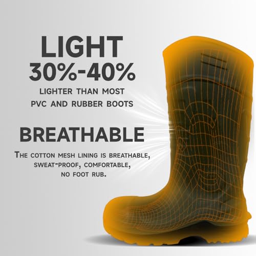 Image of Mens Steel-Toe Durable PU Rubber Work Boots - Waterproof Anti-Slip ASTM F2413-24 | Acid Oil Resistant Shank Mud Rain Hunting Boots