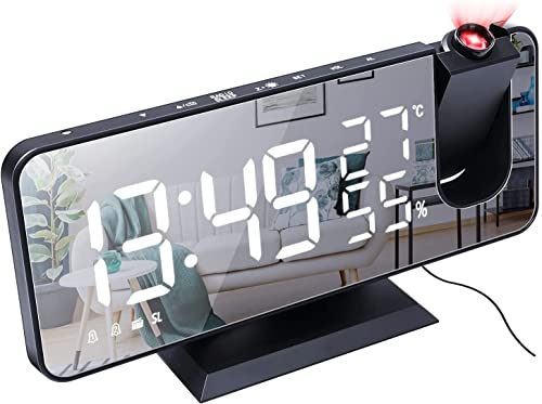 Petilleur Projection Alarm Clock Bedroom Ceiling Digital Radio Alarm Clock with USB Mobile Phone Charger Dual Alarm Clock LED Big Screen Alarm Clock (Black)