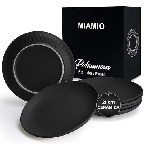MIAMIO Conjunto de 6 pratos/louça moderna em cerâmica/grés - coleção Palmanova (21 cm, preto)