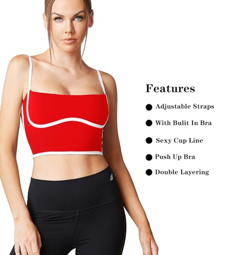 Image of Sleeveless Spaghetti Strap Padded Sports Bra Tank Tops Square Neck Double Layer Workout Fitness Basic Crop Tops