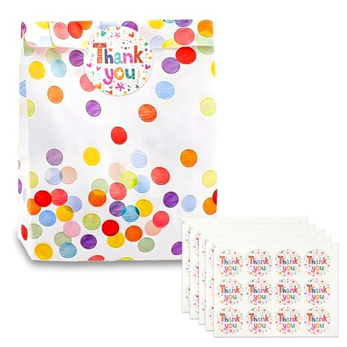 AMFUN 50 Stück Geschenktüten Kindergeburtstag, Kleine Papiertüten Kindergeburtstag mit 60 Aufkleber, Bunt Candy bar Tüten für Mitgebsel Geschenken Verpacken Party Valentinstag Hochzeit