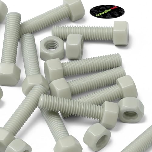 Image of 50x Natural PA66 50% Glass-Fibre Hex Head Plastic Bolts, Nuts & Washers, M5 x 20 mm, (13 /64 x 25 /32 in)