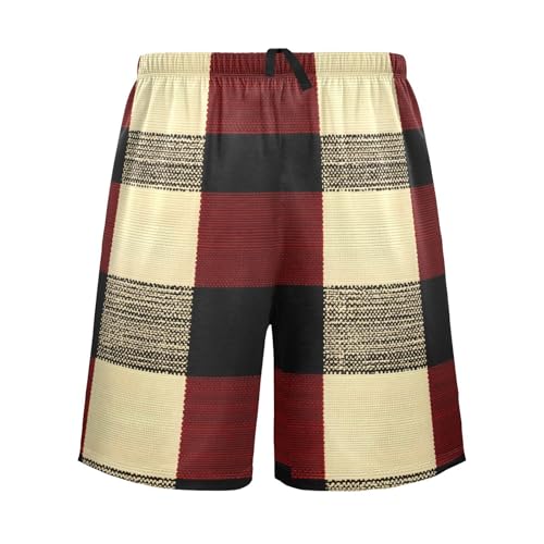 Men's Pajama Shorts, Black Red Buffalo Check Pattern Sleep Pants for Men, Sleepwear Pajama Bottoms Lounge