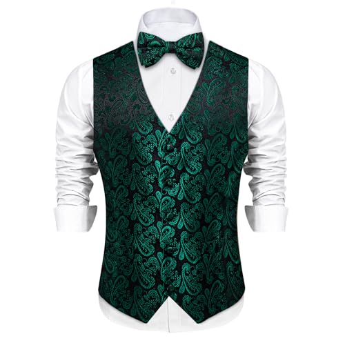 Image of DiBanGu Mens Paisley Suit Waistcoat,Silk Dress Vest and Bowtie Pocket Square Cufflinks with Lapel Pin Set for Wedding Tuxedo