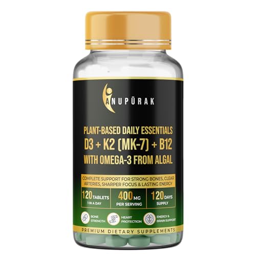 Image of Vegan D3 K2 B12 & Omega 3 DHA Tablets | 4-in-1 Daily Essential Supplement | Bone, Brain, Heart & Energy Support | D3 (Lichen) + K2 MK-7 (Natto) + B12 + 250mg Algal DHA | 120 Veg Tablets (120 Days)