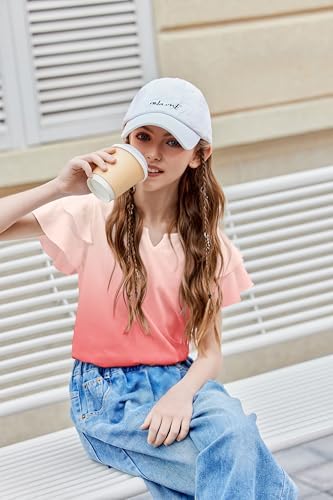 Arshiner Girls Short Sleeve Shirts Cute Little V Neck Double Layer Ruffle Tops Casual Summer Outfits Kids Clothes Pink 11-12 Years