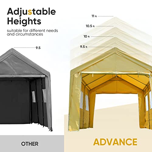 ADVANCE OUTDOOR 12x20 ft Heavy Duty Adjustable Carport with 6 Roll-up Ventilated Windows & Removable Sidewalls Car Canopy Garage Boat Shelter Party Tent, Peak Height from 9.5ft to 11ft, Beige Yellow