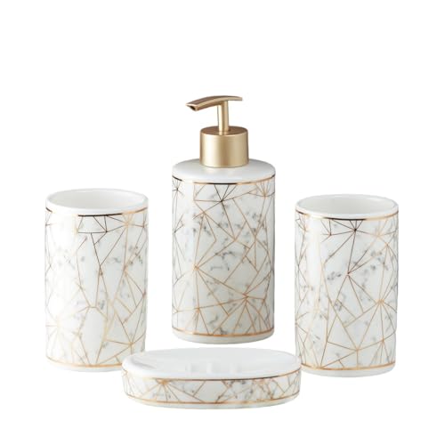 Image of SaSaSa Ceramic Bathroom Accessories Set of 4 Modern Bath Set with Soap Dispenser & Toothbrush Holder, Luxury Home & Gift Idea, White /Gold (9743)