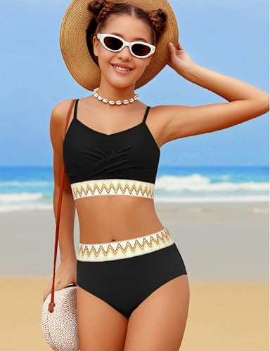 Girls Swimsuit 2 Piece Teen Criss Cross Bikini Set Woven Color Block Welt Bathing Suit for Girls Swimwear 9-18T3