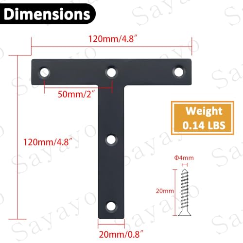 SAYAYO T Brace, 120x120mm (5\" x 5\") T Brackets Mending Plate Flat Repair Plates Joining Bracket Brace, Stainless Steel Matte Black, 6 Pcs