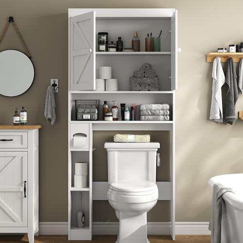 furomate Over The Toilet Storage Cabinet with Barn Doors, 32.3\'\'W Free Standing Toilet Storage Shelf Space Saver with Adjustable Bottom Bar, White - Thumbnail 3