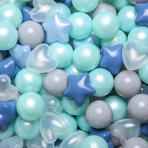 GOGOSO Ball Pit Balls,Plastics Balls for Ball Pit, Stars Hearts Shape for PastelBall for Toddlers Kids, Star+Heart Balls,Cream Blue+Pearl Blue,100pcs