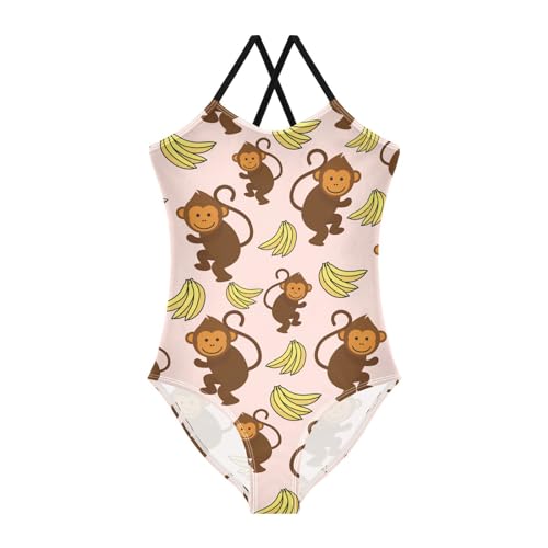 Monkey Girls One Piece Swimsuits Banana Pink Sport Halter Swimwear Beach Bathing Suit 7-8T